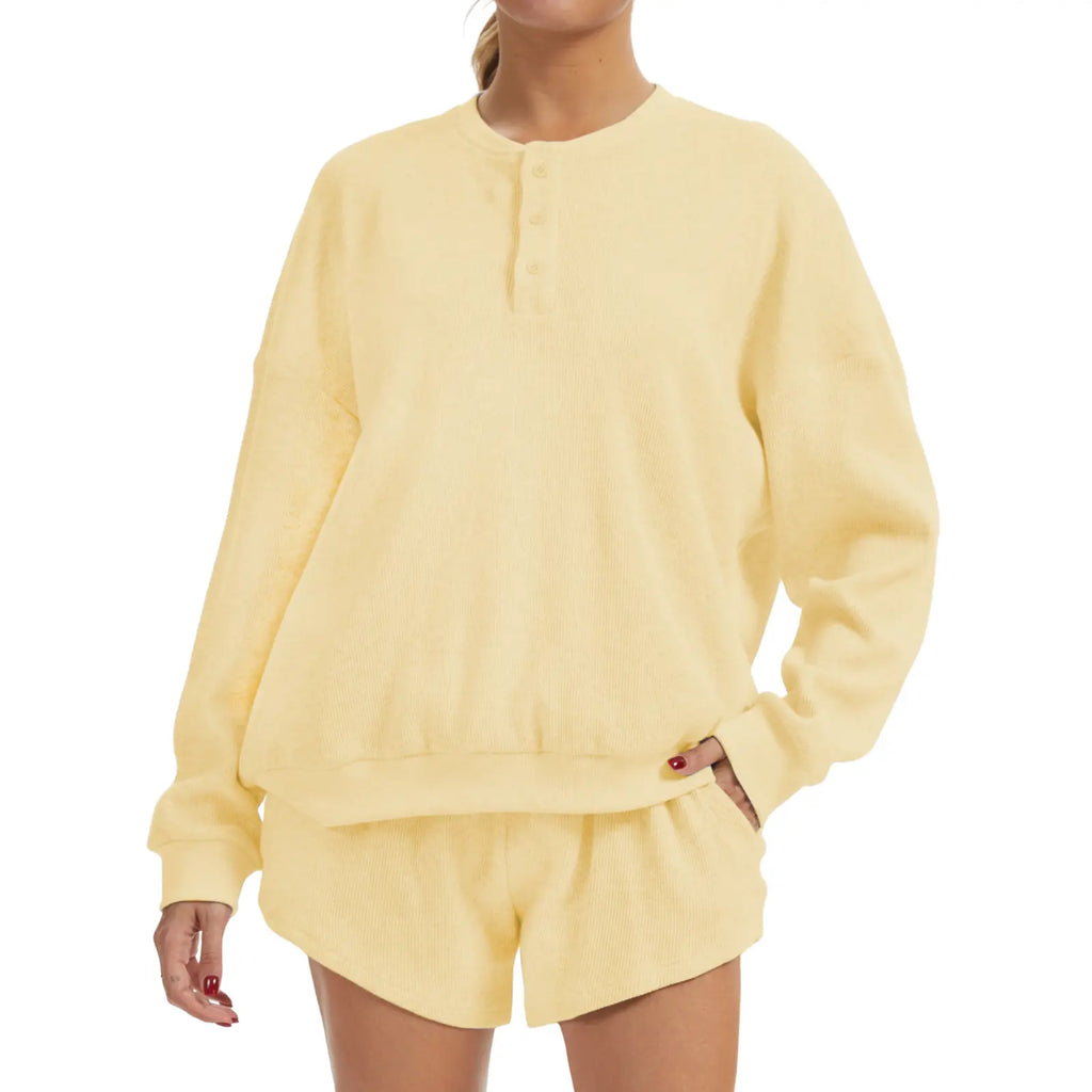 AnotherChill Women's Oversized Waffle Knit Lounge Set – Long Sleeve Henley Sweatshirt and High Waisted Shorts 2 Piece Casual Outfit