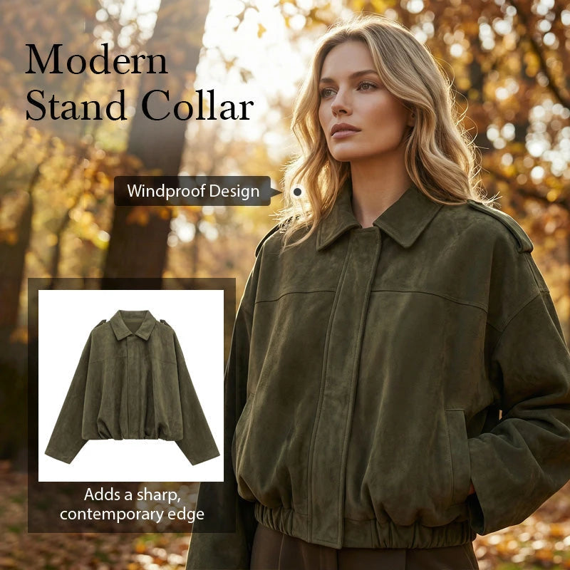 Suede-Like Cropped Bomber Jacket