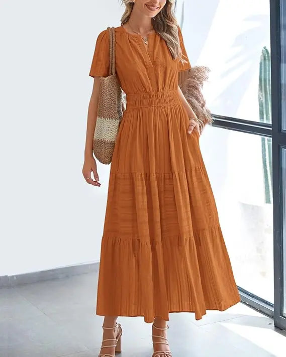 BTFBM Women's Summer 2026 Casual Maxi Dress Lightweight Short Sleeve V Neck Boho Dress with Pockets #Outdoorfun